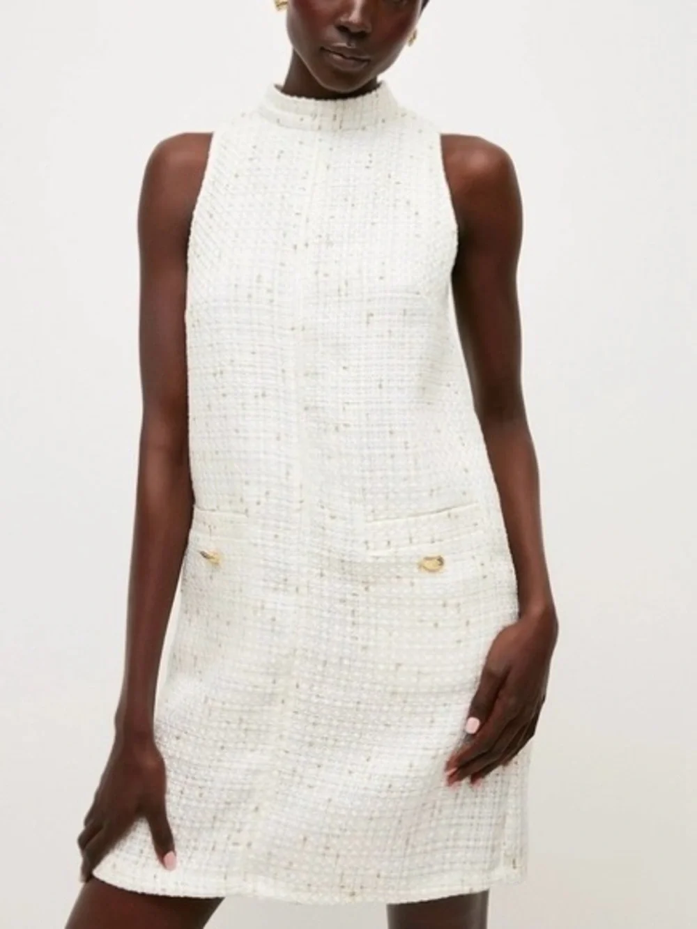 KAREN MILLEN Sleeveless Tweed Mini Dress White with Gold Buttons Size 4 UK8 NWT